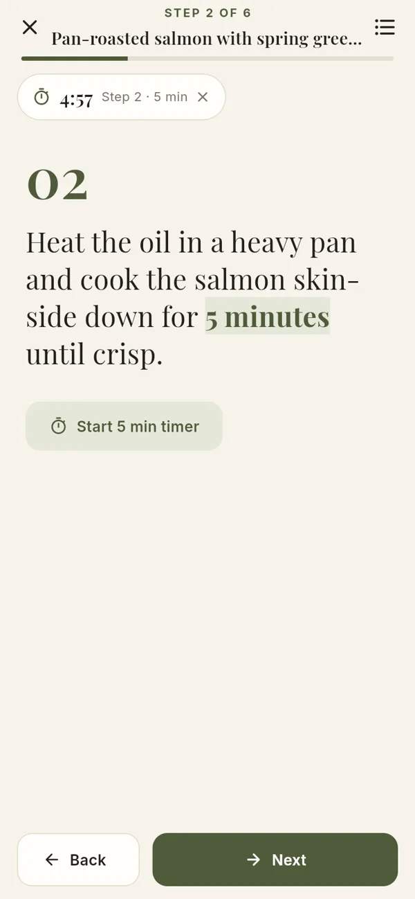 Cooking mode with timers – screenshot of the app