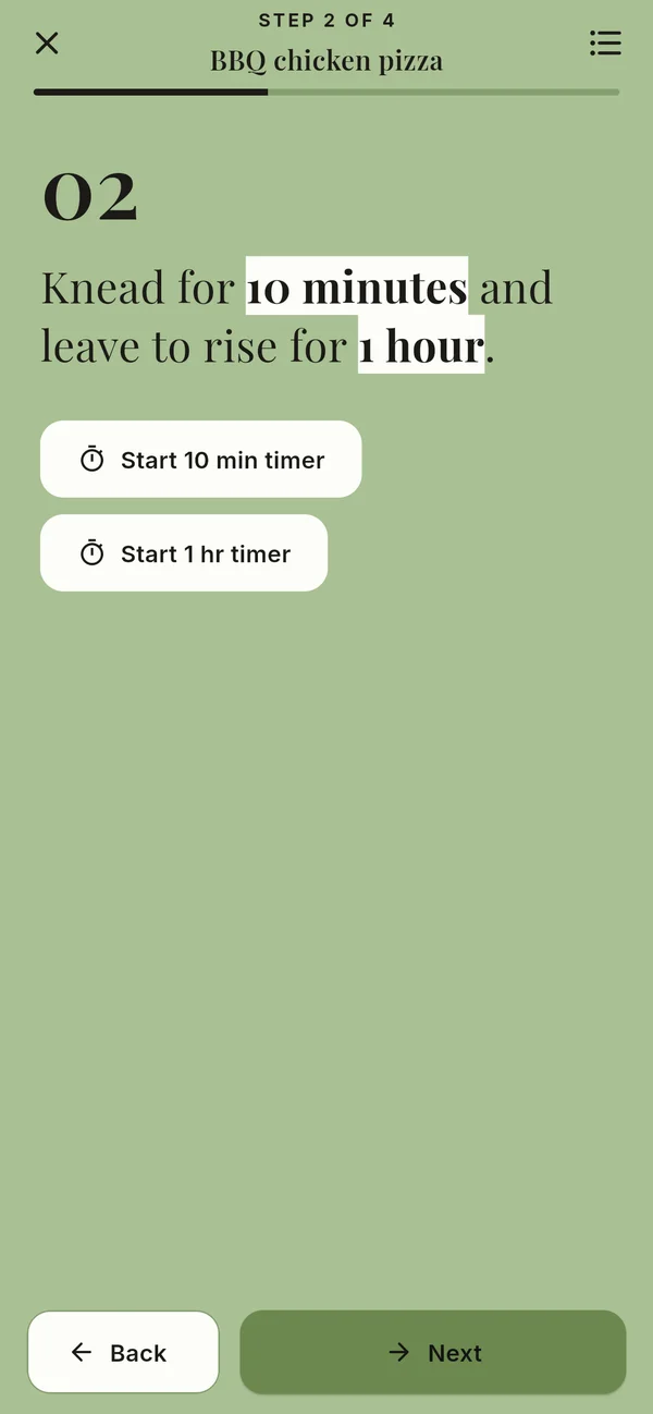 Cooking mode with timers – screenshot of the app