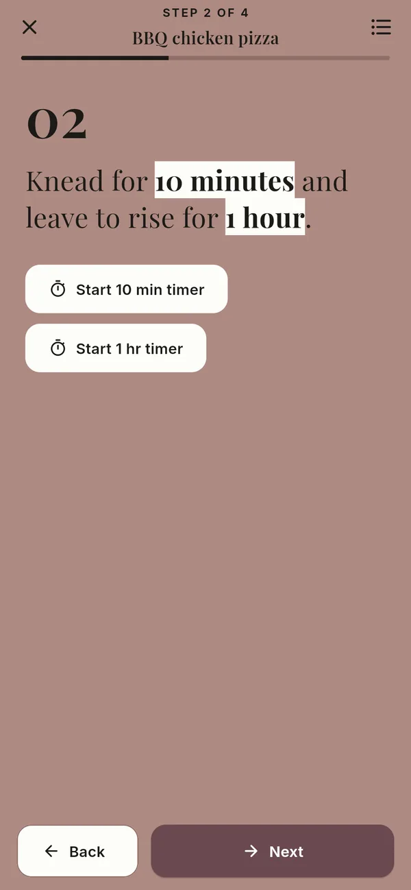 Cooking mode with timers – screenshot of the app