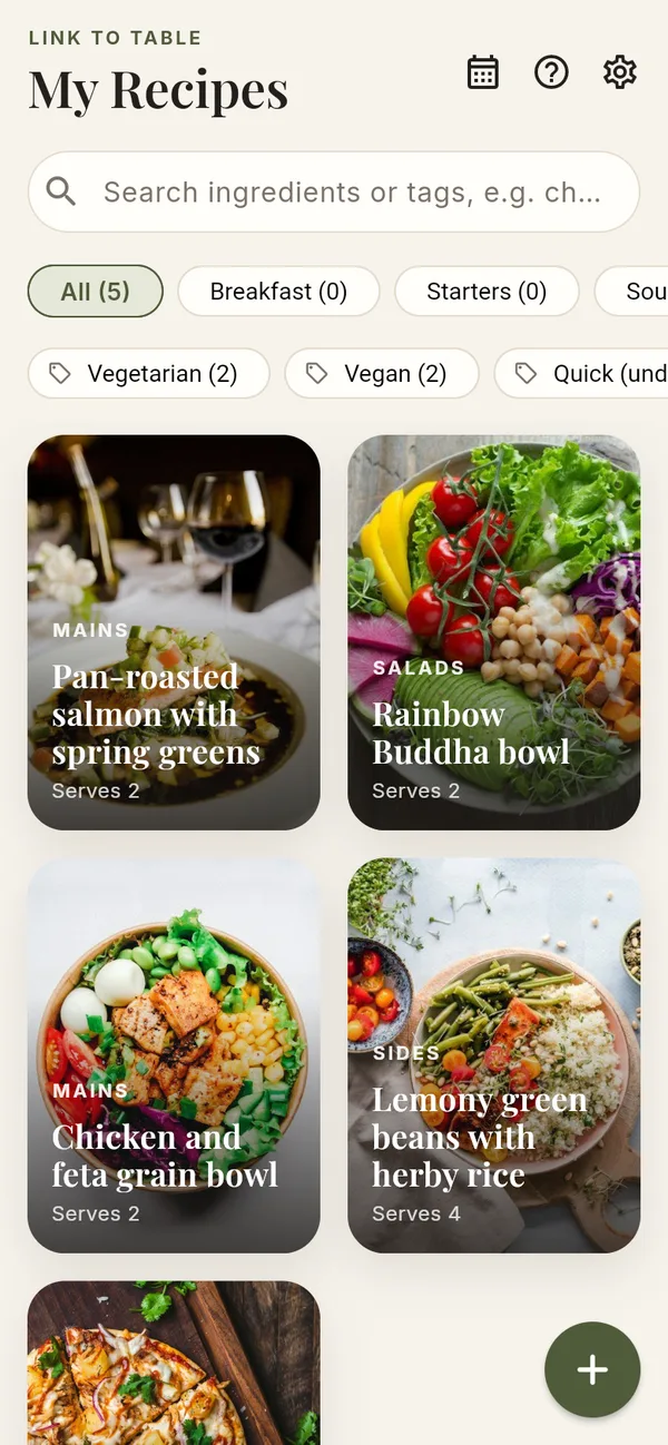 The Link to Table home screen showing a grid of recipes