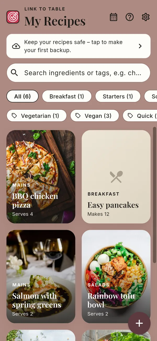 The Link to Table home screen showing a grid of recipes