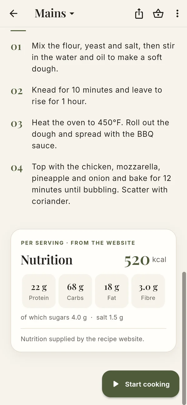 Nutrition per serving – screenshot of the app