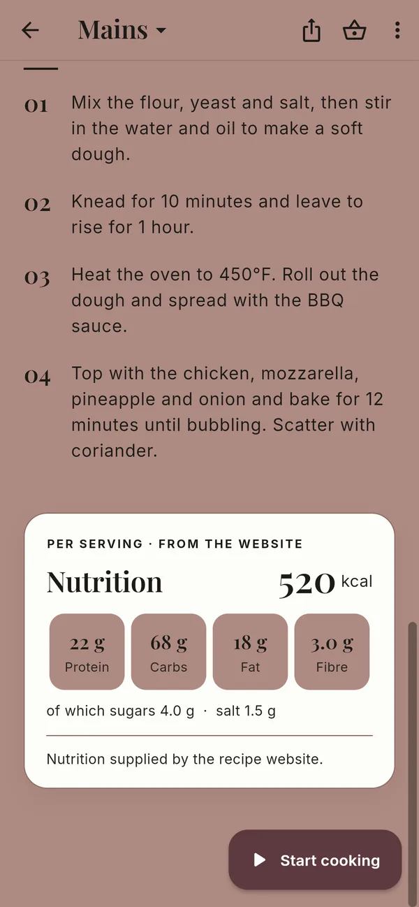 Nutrition per serving – screenshot of the app