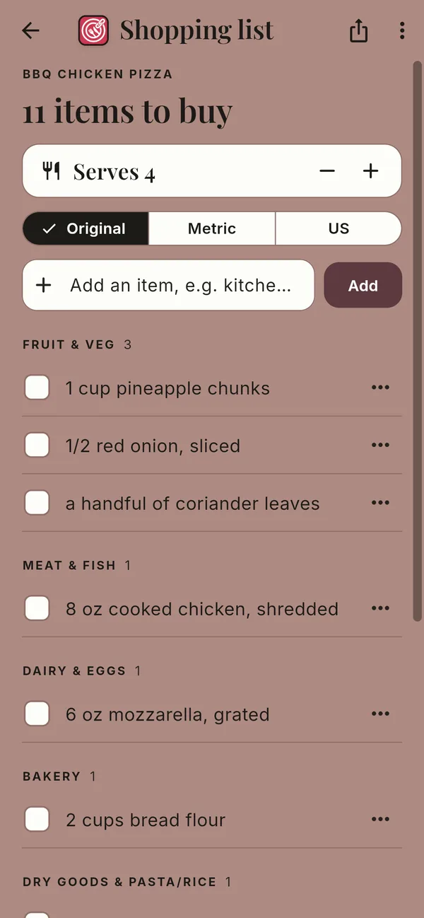 A shopping list by aisle – screenshot of the app