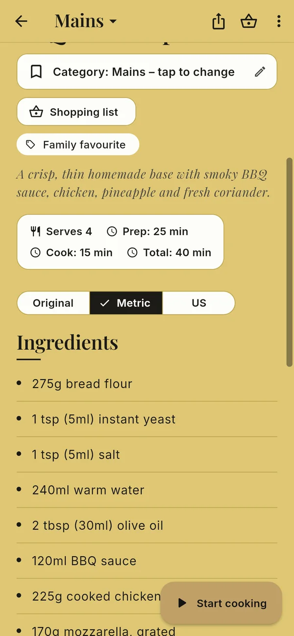 Original, Metric or US – screenshot of the app