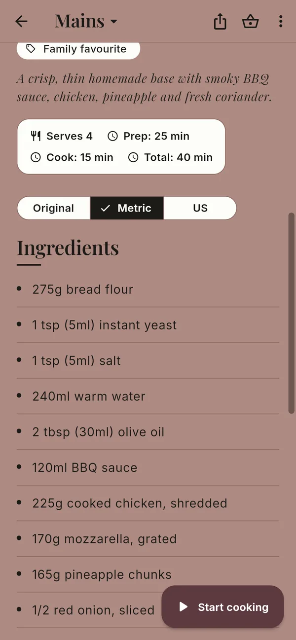 Original, Metric or US – screenshot of the app